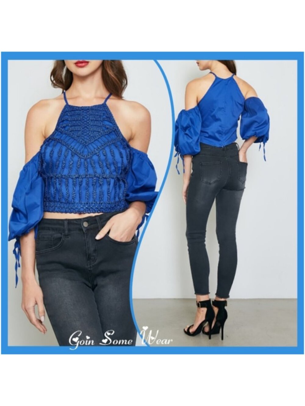 Chic Royal Blue Boho Crochet Front Cold Shoulder Crop Top Size: Medium